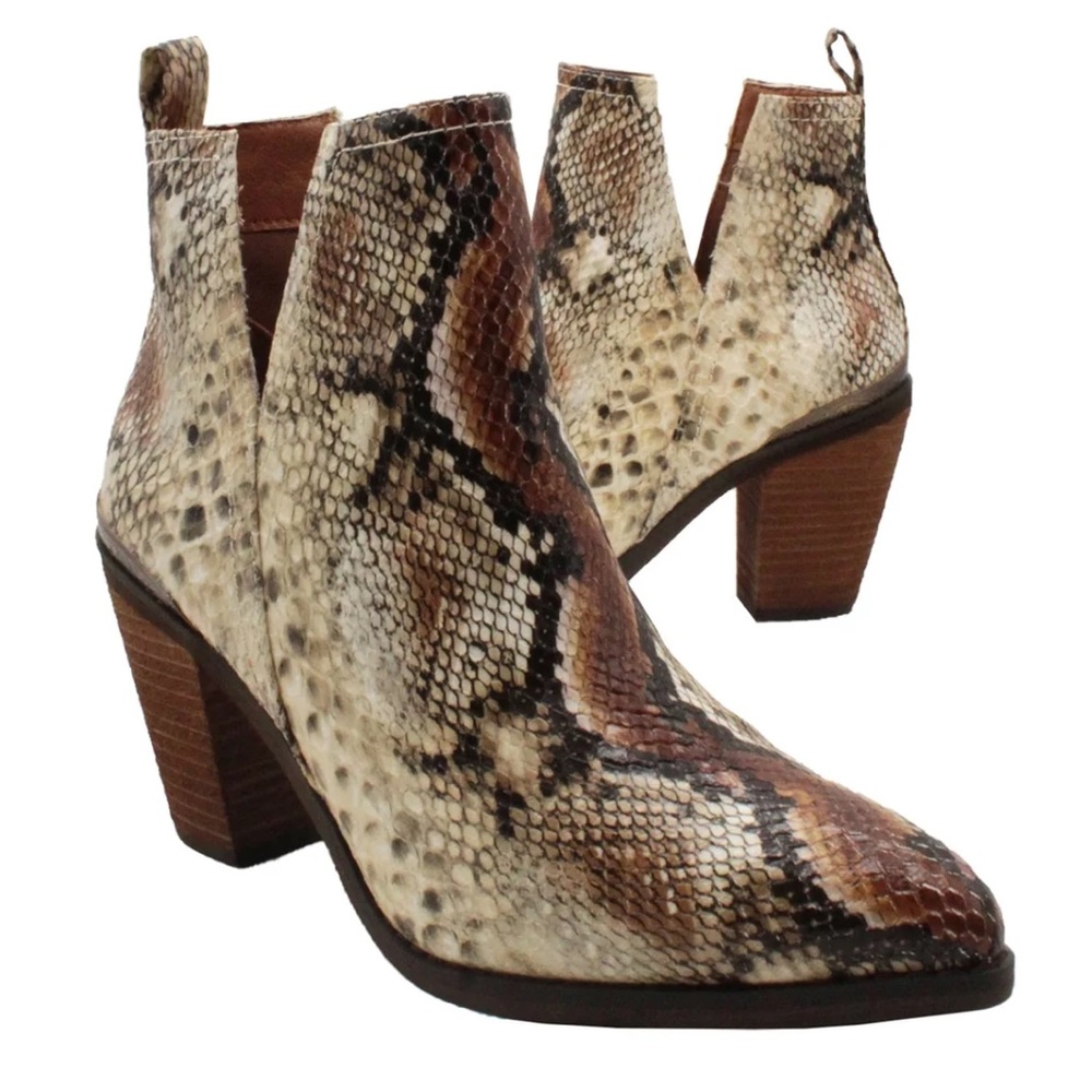 Very Volatile Python Print Mumba Open Shank Pull-on Bootie 3” Wood Heel. Size: 8